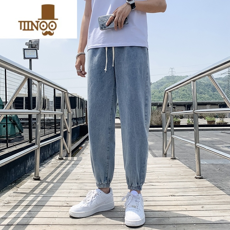 YANXU浅色牛仔裤男士2023夏季薄款潮牌宽松束脚直筒裤子韩版潮流九分裤高清大图