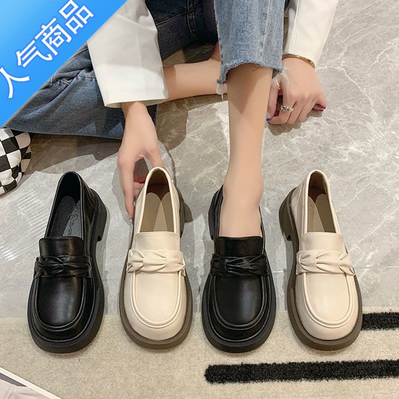 SUNTEK乐福鞋女2023夏季新款厚底粗跟英伦单鞋春秋学院风一脚蹬jk小皮鞋图片