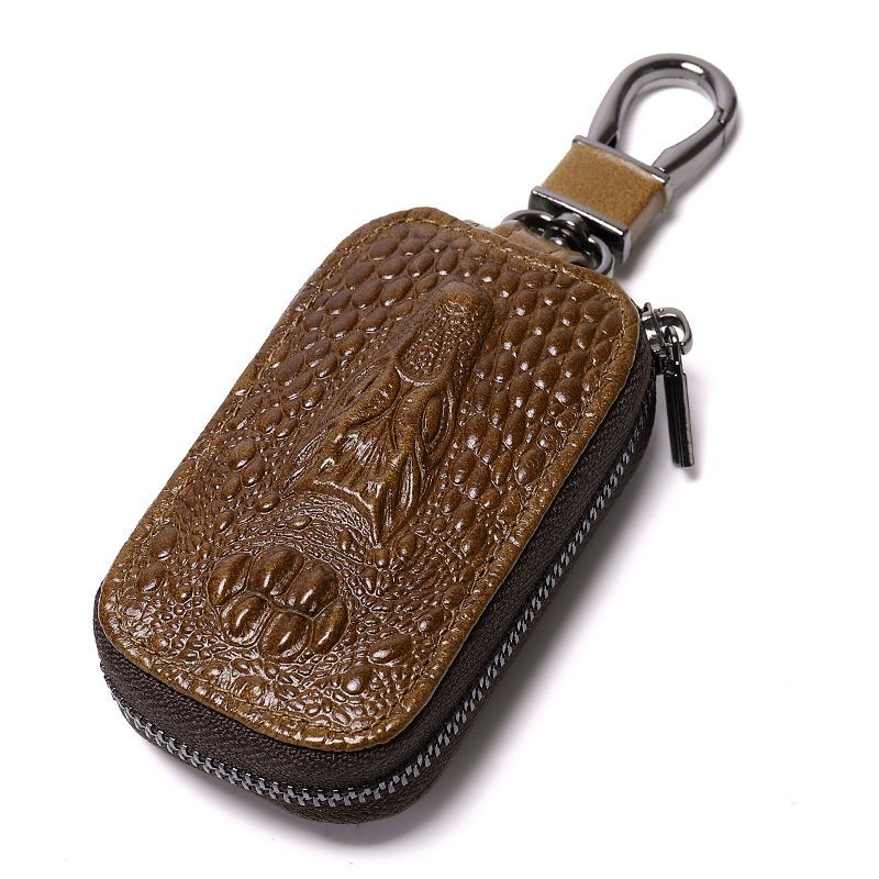 真皮汽车钥匙包头层牛皮钥匙扣男士高档鳄鱼纹腰挂拉链通用锁匙包黄棕