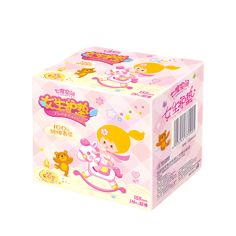 七度空间(SPACE 7)女生护垫纯棉 155mm *18片 内置乐Q包卫生巾 新旧包装随机发货