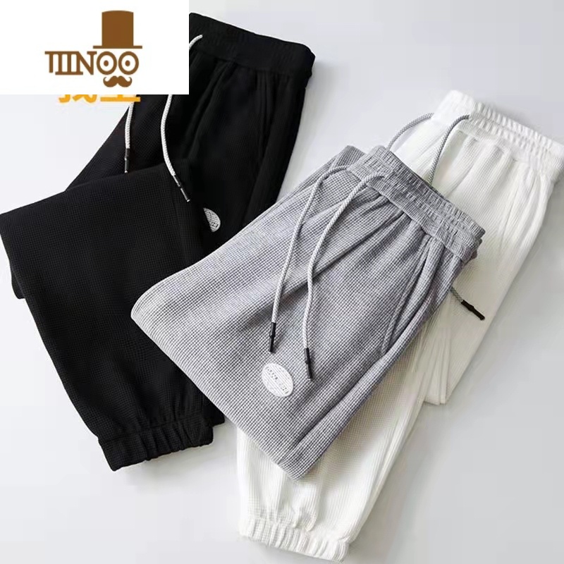 YANXU华夫格卫裤男休闲运动ins潮流痞帅垂感男生束脚宽松加绒裤子高清大图