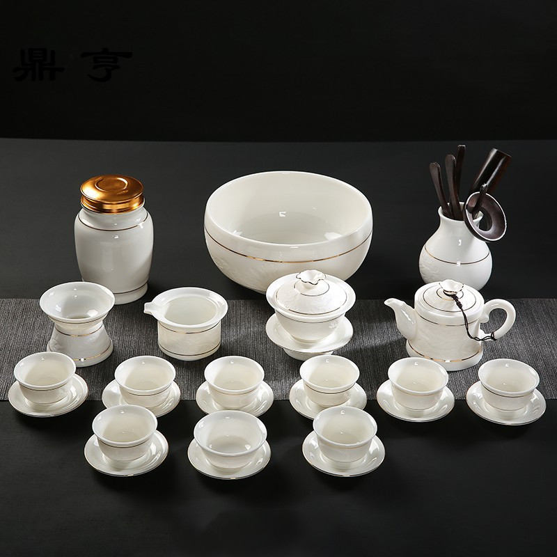 鼎亨羊脂玉瓷功夫茶具套装整套德化白瓷影描金茶壶盖碗家用陶瓷