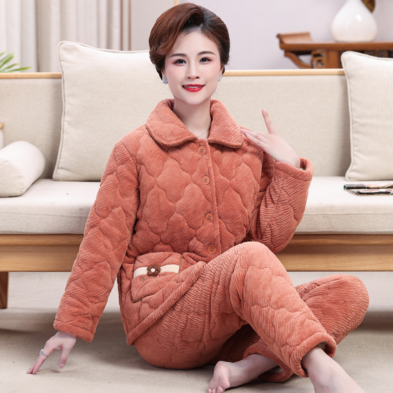南极人珊瑚绒夹棉睡衣女冬季中老年妈妈三层加厚加绒法兰绒家居服