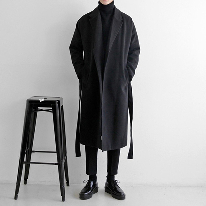 YUANSU秋冬装长款毛呢大衣男韩版宽松日系过膝风衣外套加厚保暖呢子大衣风衣