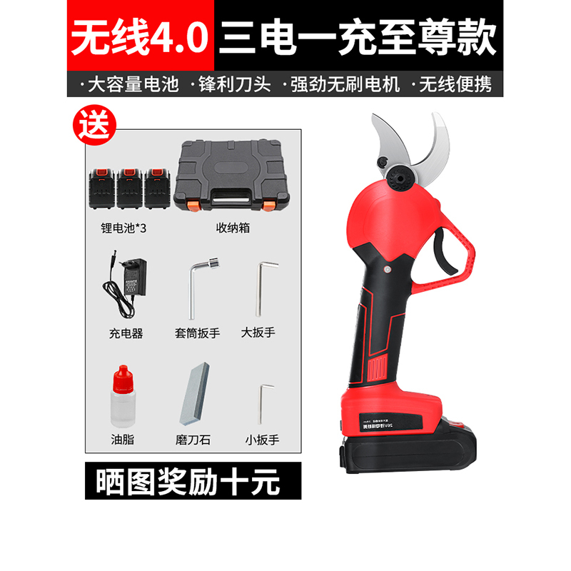 电动剪阿斯卡利刀果树充电式修枝剪强力园林园艺剪树枝锂电高空粗枝电剪子 4.0公分 三电一充至尊款