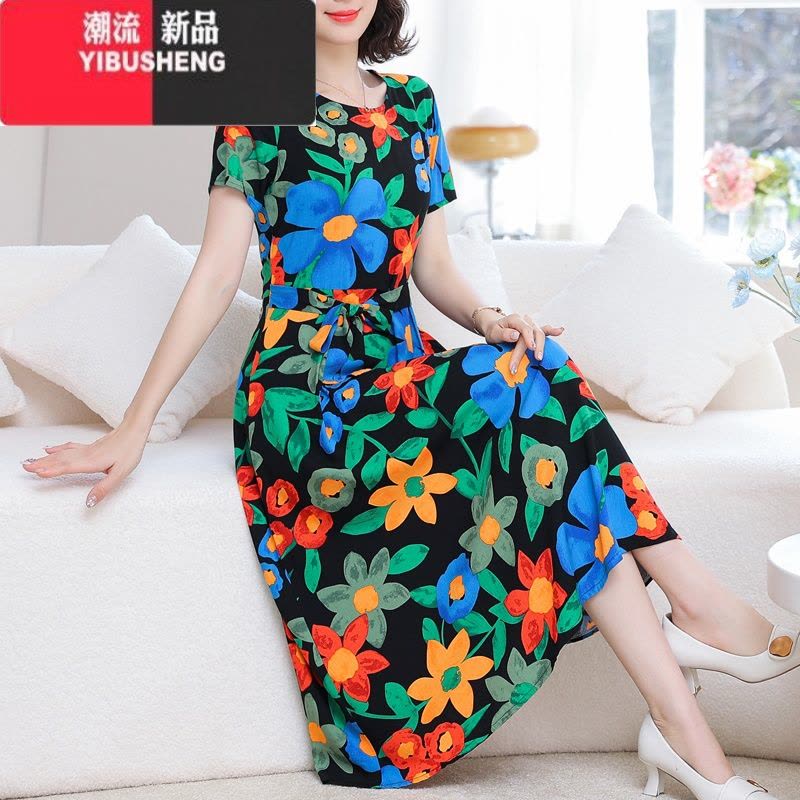 YIBUSHENG新款气质中老年棉绸连衣裙季高端大码洋气中年妈妈人造棉长裙子图片