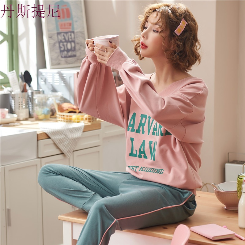 韩版宽松睡衣女春秋季纯棉长袖可外穿全棉清新家居服女夏薄款套装