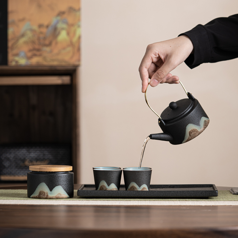 苏氏陶瓷(SUSHI CERAMICS)手绘彩画茶具提梁茶壶配精美干泡茶盘小茶叶罐7件功夫茶具套装礼盒装