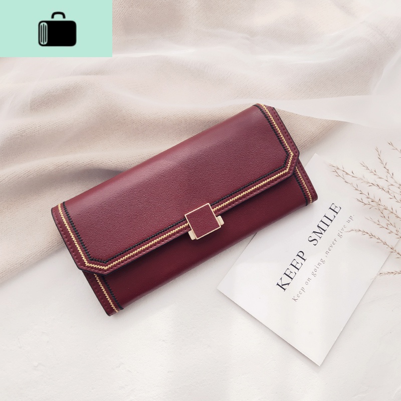 牛皮钱包女长款2020新款韩版学生简约复古皮搭扣大容量手机皮夹NEW LAKE 红色
