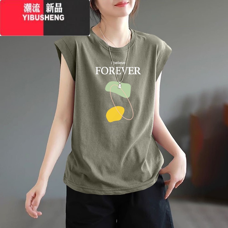 YIBUSHENG季圆领无袖t恤女装宽松百搭2024新款大码胖mm显瘦遮肚上衣高清大图