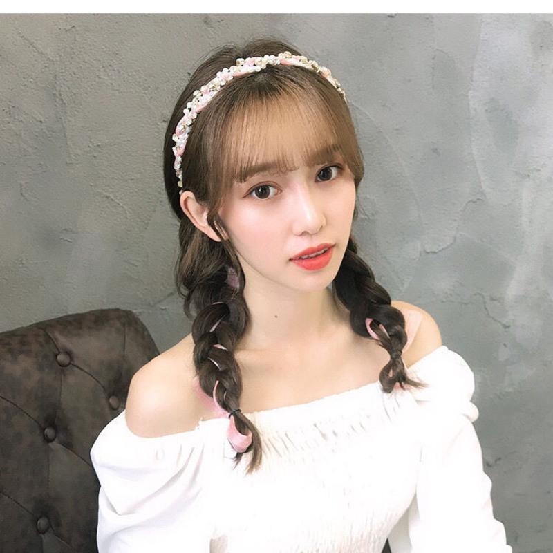 珍珠带钻网纱飘带发箍少女甜美公主气质头箍编发盘发蝴蝶结头箍女 藏青彩花飘带发箍