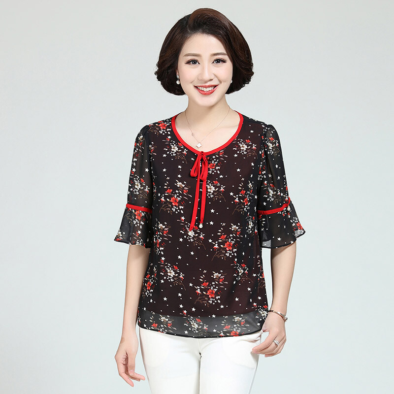 妈妈雪纺衫宽松大码4050岁夏季短袖中老年小衫时尚中年t恤女上衣