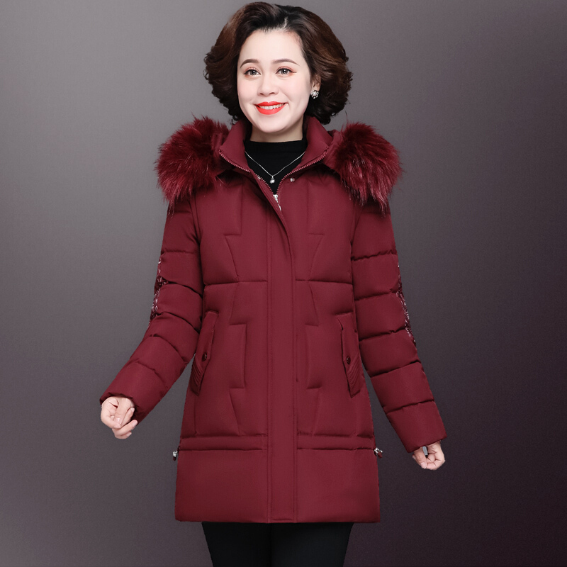 中老年棉衣女中长款连帽外套服冬季妈妈装宽松大码加厚棉袄品牌女装