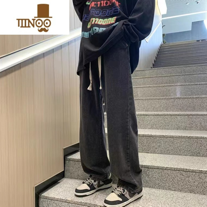YANXU灰色复古阔腿牛仔裤男款夏天新款直筒宽松潮牌高街薄款休闲长裤子