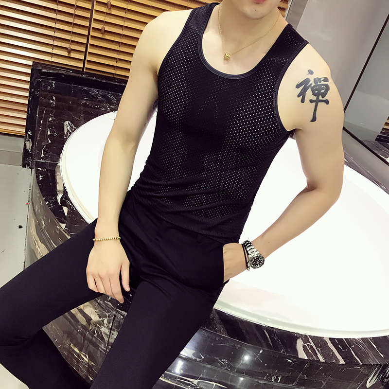 夜店型师紧身透明个性镂空背心男舞台演出服装夏款无袖t恤汗衫