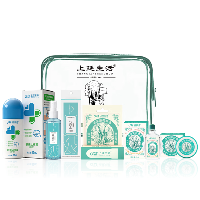 上延生活清凉防暑五件套(薄荷精油3ml 薄荷膏3.8g 鼻通0.9g 原香花露水30ml 止痒液50ml 洗护包)