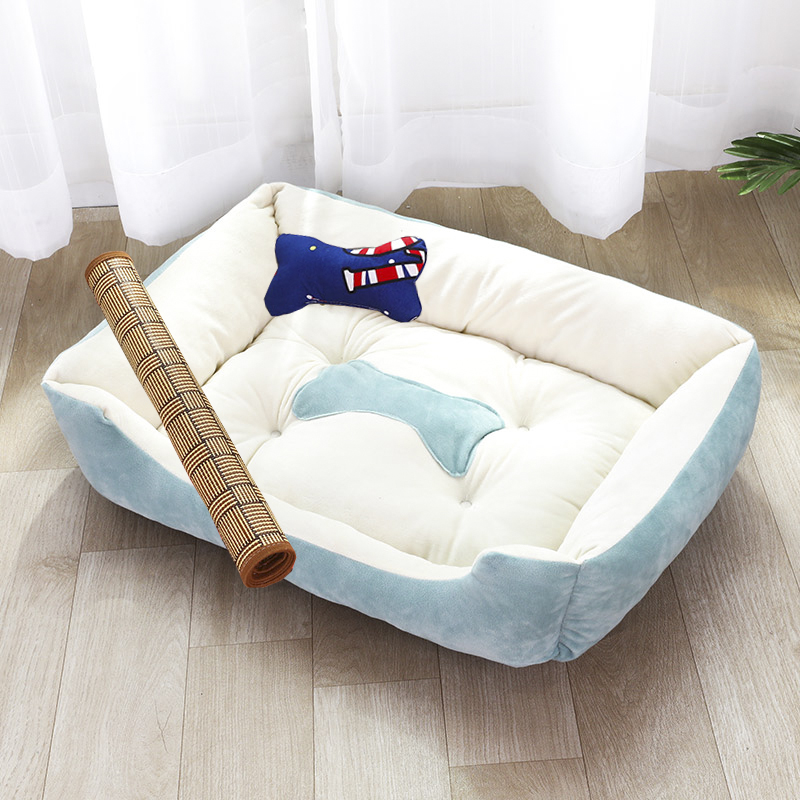 狗窝冬天保暖小型中型大型犬四季通用宠物猫窝泰迪宠物狗狗用品床 浅蓝+凉席+布骨头送咬绳 80X60CM（建议45斤内）