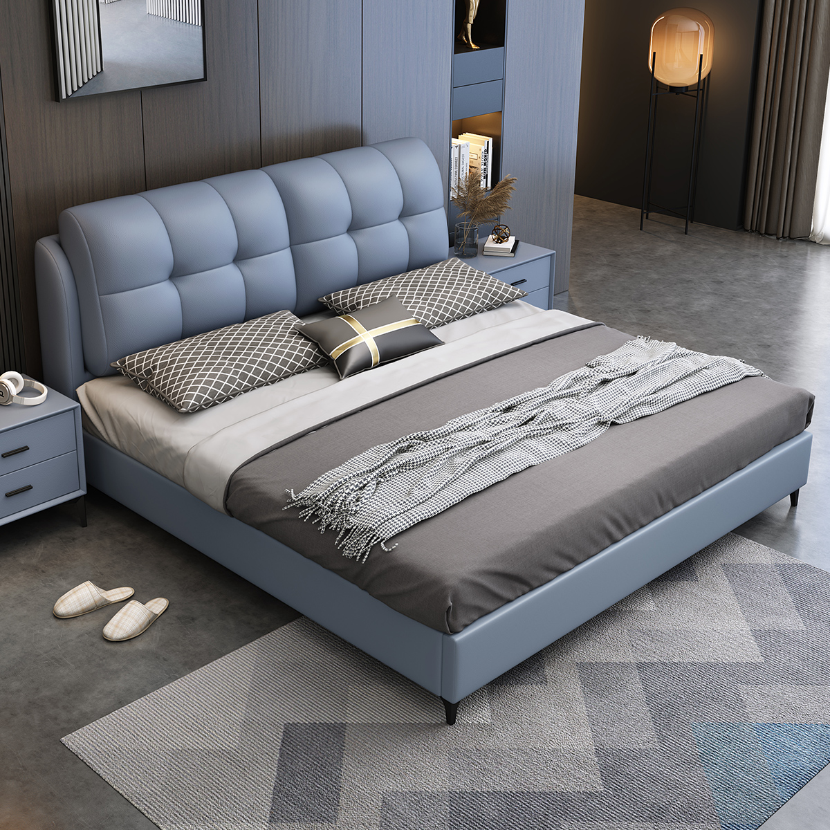 梵宜纳帕皮床现代简约18米单双人床皮艺软床北欧风卧室家具y206普通款