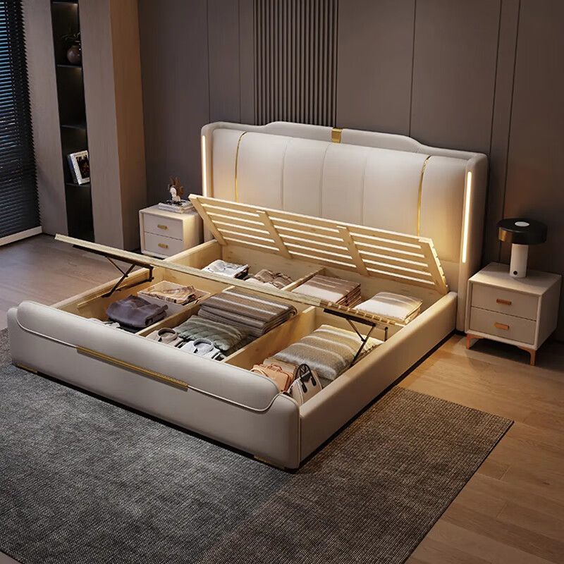 意式真皮床轻奢现代简约双人床主卧室带灯婚床家用软包实木储物床高清大图