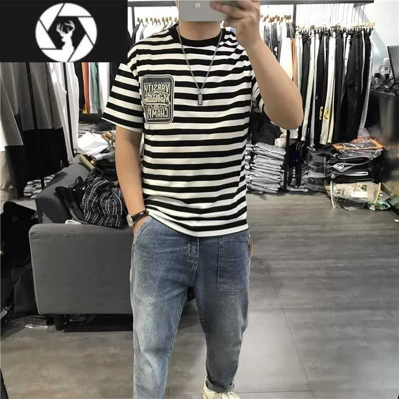 HongZun欧货高端夏季男士条纹短袖T恤个性弹力上衣清新文艺潮流体恤