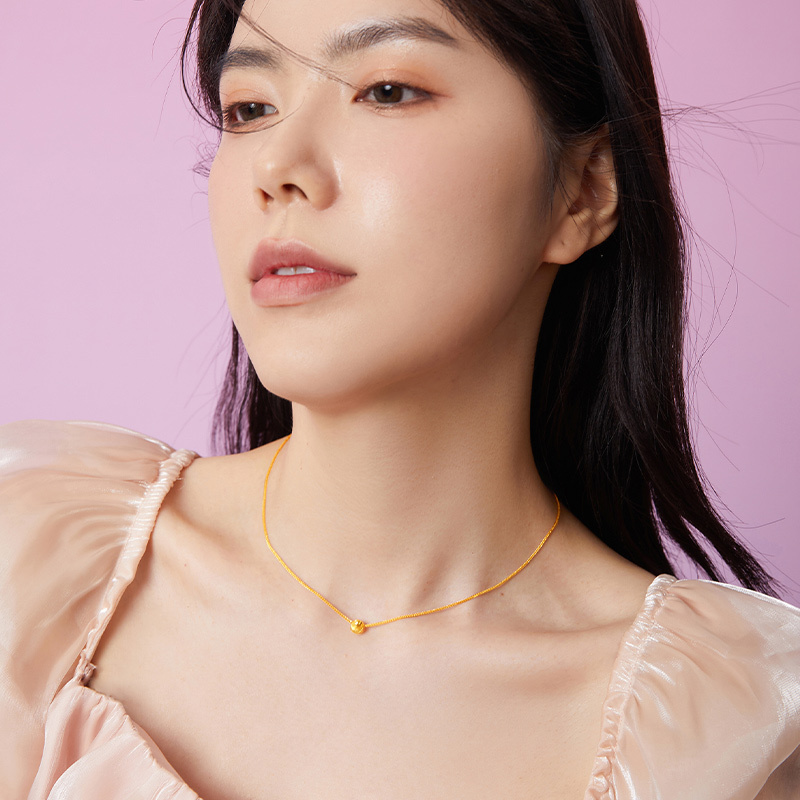 周六福金项链女5g金计价锁骨链小金豆圆珠吊坠足金项链官方正品