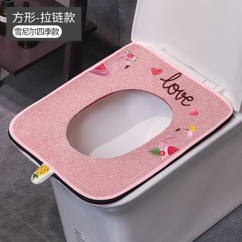 家柏饰(CORATED)四季方形马桶垫 长方形马桶方坐垫贴家用方型坐便套坐便器套垫圈 方形-粉色爱情鸟-拉链款（加厚雪尼尔）
