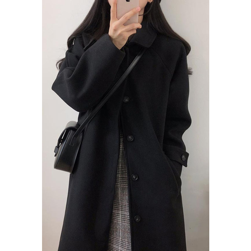 黑色毛呢外套女赫本风加厚韩版宽松过膝中长款呢子大衣女冬季学生