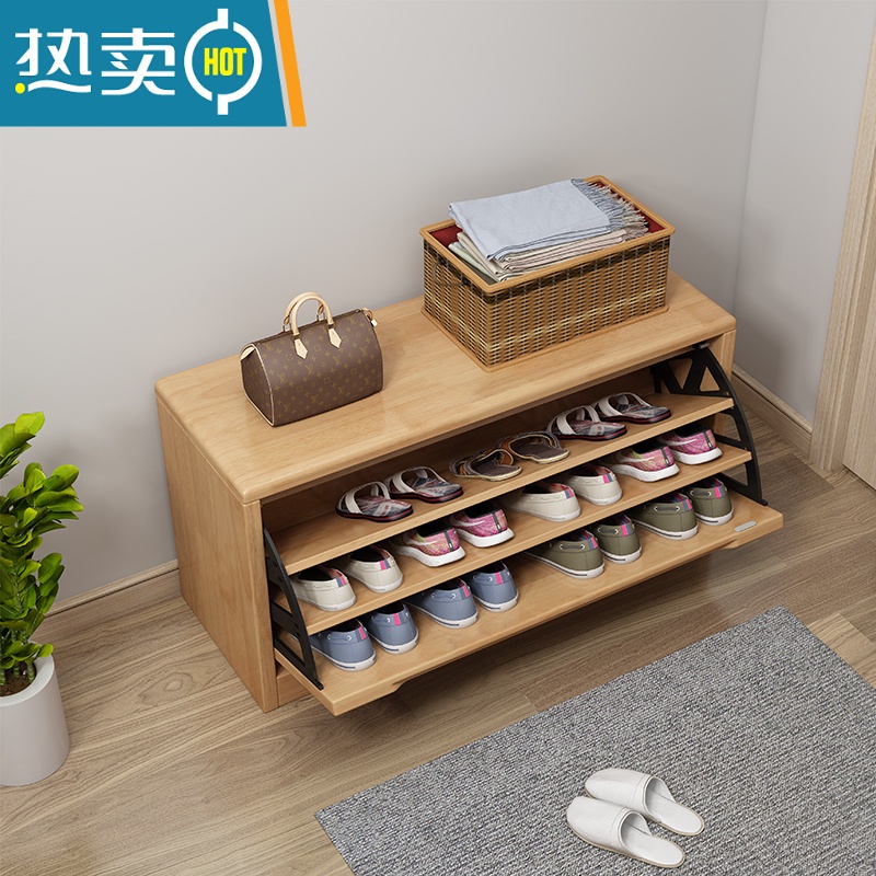 敬平实木鞋柜坐凳一体大容量家用入户门口鞋子收纳柜翻斗式换鞋凳鞋架收纳凳高清大图