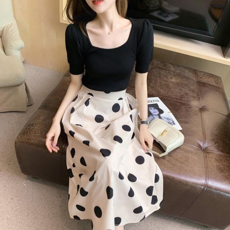 单/套装 夏季新款休闲时尚波点中长半身裙学生炸街T恤女两件套 黑色上衣 单件 舒适优质版 S 建议90斤内