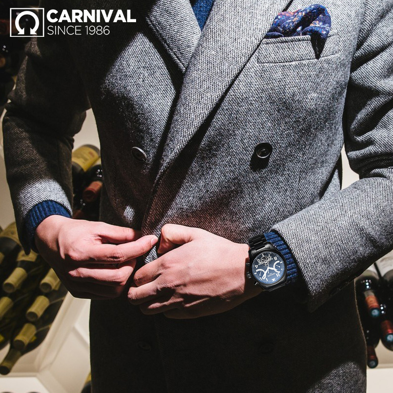 瑞士嘉年华Carnival手表黑色男士全自动机械表 男表镂空休闲时尚潮流夜光防水男金属精钢腕表个性男士手表8783G高清大图