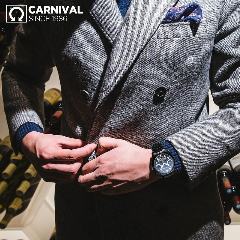 瑞士嘉年华Carnival手表黑色男士全自动机械表 男表镂空休闲时尚潮流夜光防水男金属精钢腕表个性男士手表8783G