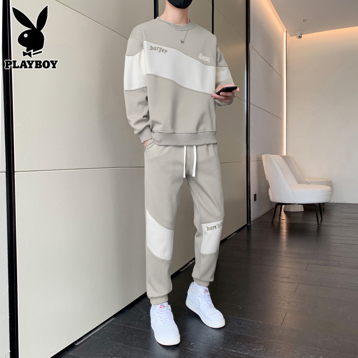 花花公子秋季休闲套装男士潮流新款撞色印花厚棉T运动长裤搭配一套