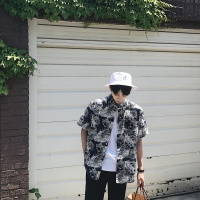 2018夏季夏威夷热带植物印花短袖衬衫潮男旅游复古花衬衣海滩外套