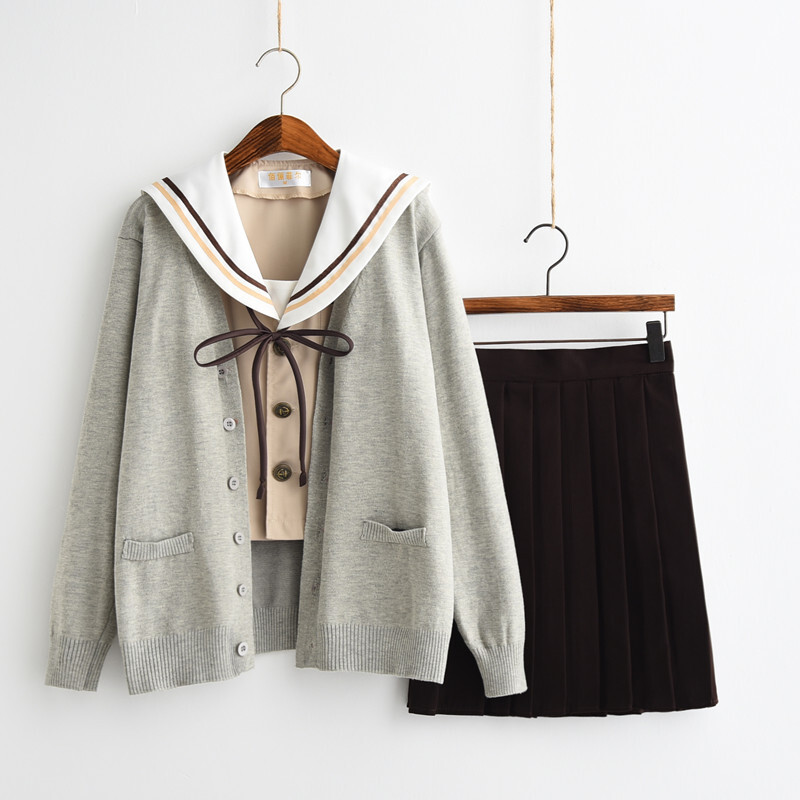 日系JK制服水手服软妹裙学生装校服春夏日本班服百褶裙学院风套装lm短袖套装+开衫(领绳+袜子)