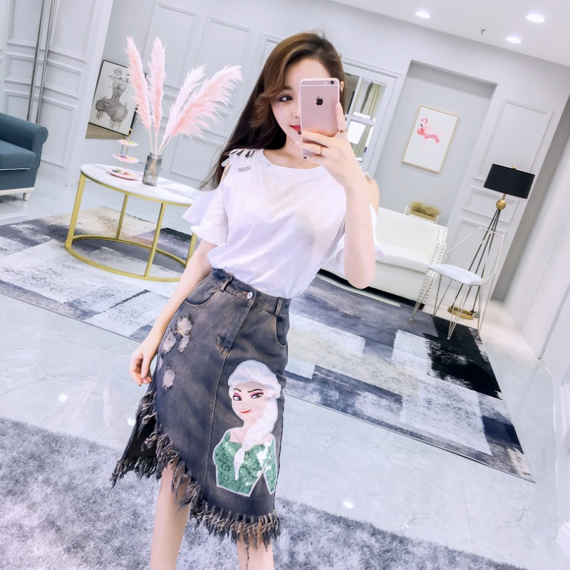 夏装新款女装时尚露肩喇叭袖上衣+卡通亮片流苏牛仔半身裙套装女