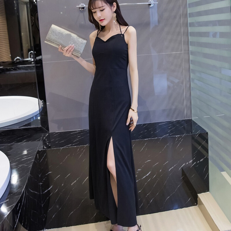 露背V领抹胸性感带连衣裙2018夏季新款女装修身显瘦开叉长裙潮