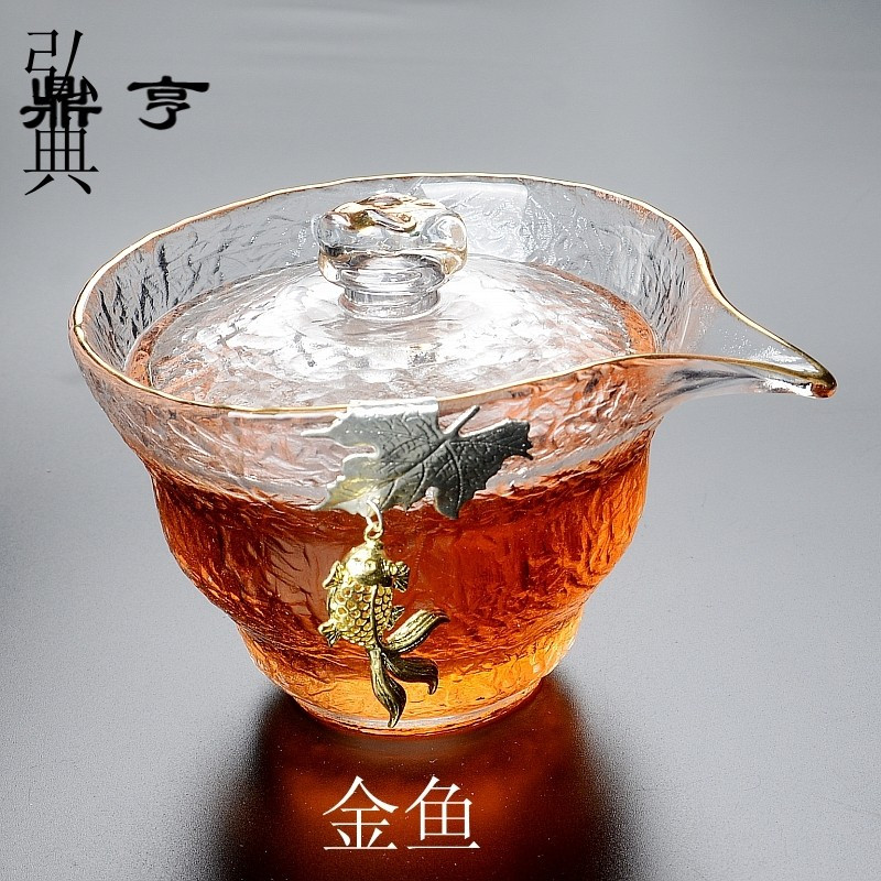 鼎亨玻璃盖碗透明防烫锡锤纹三才泡茶碗耐热大号加厚功夫茶具家用