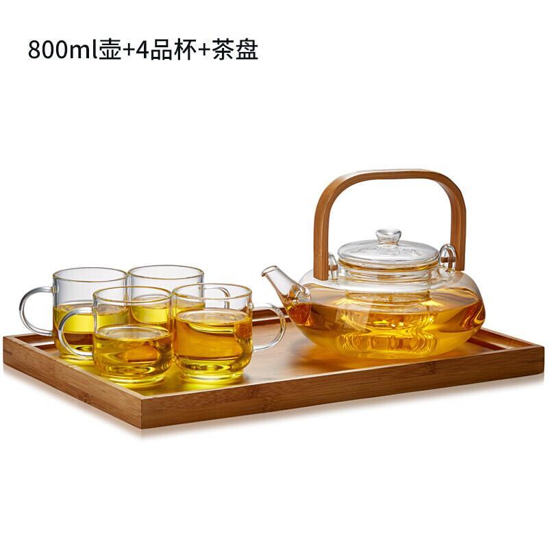 玻璃茶壶水壶提梁壶竹把耐高温加厚泡茶壶普洱黑茶煮茶壶 1壶+4杯+茶盘