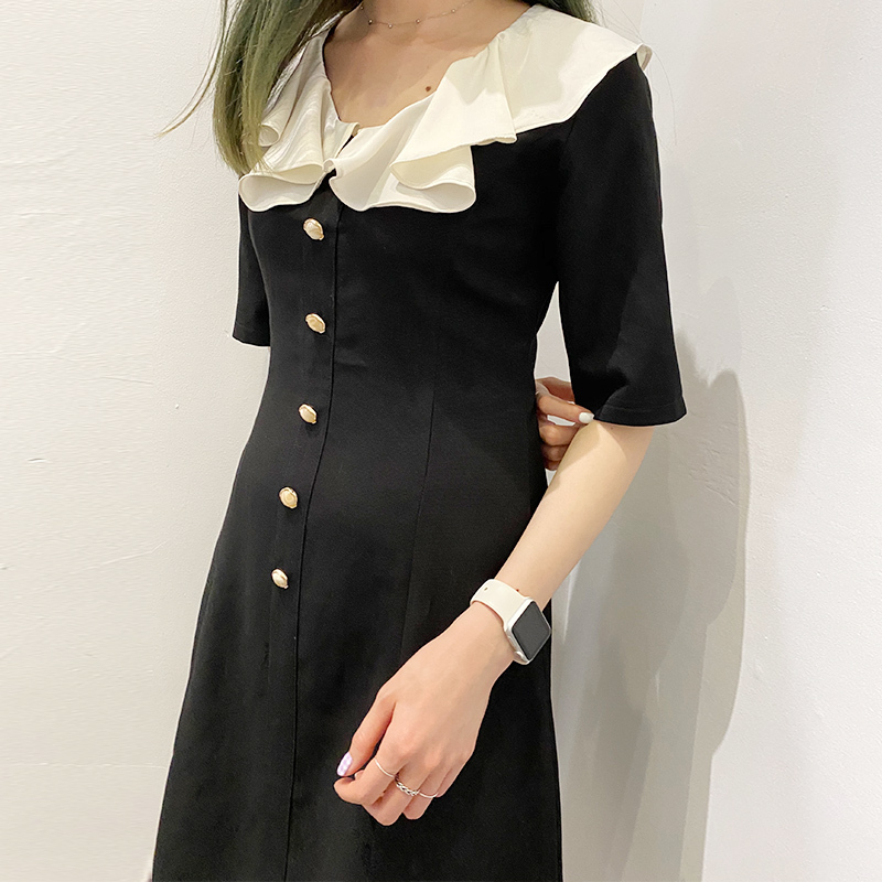 ENJOY’ME优雅金属扣连衣裙花边翻领A字裙20春季女装新品