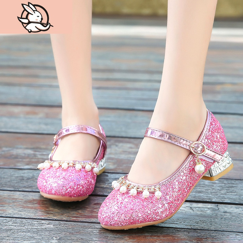 公主鞋女童洋气小女孩儿童高跟鞋亮片单鞋礼服水晶女童演出鞋皮鞋皮鞋