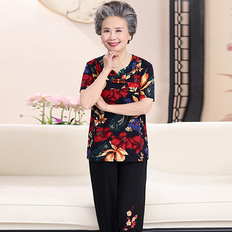 奶奶装夏装套装中老年人女装夏天短袖老人棉麻两件套老太太衣服装