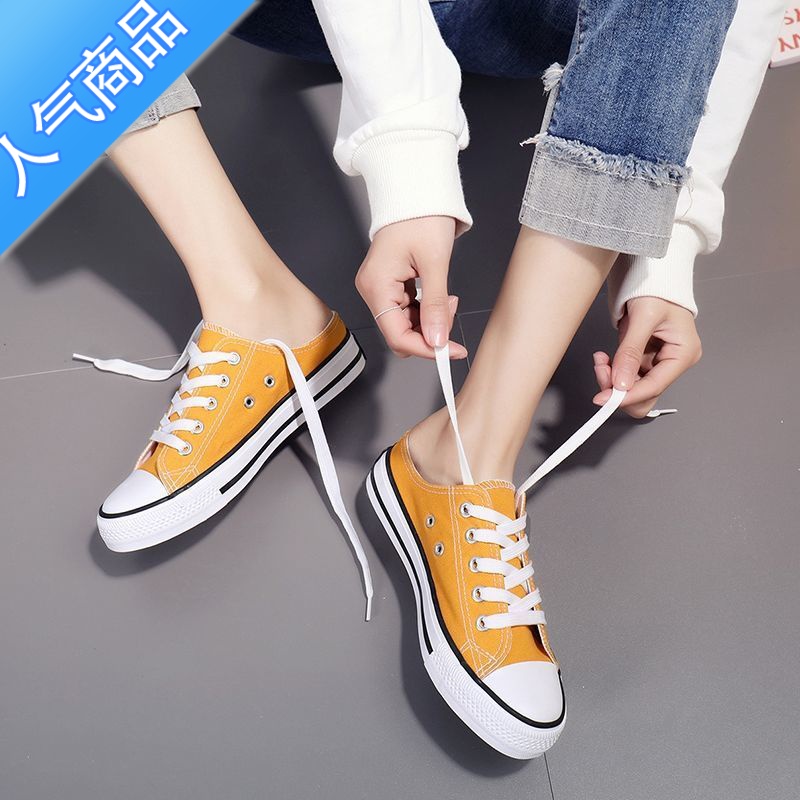 SUNTEK半拖帆布鞋女学生韩版2023新款一脚蹬懒人鞋潮布鞋无后跟单鞋高清大图