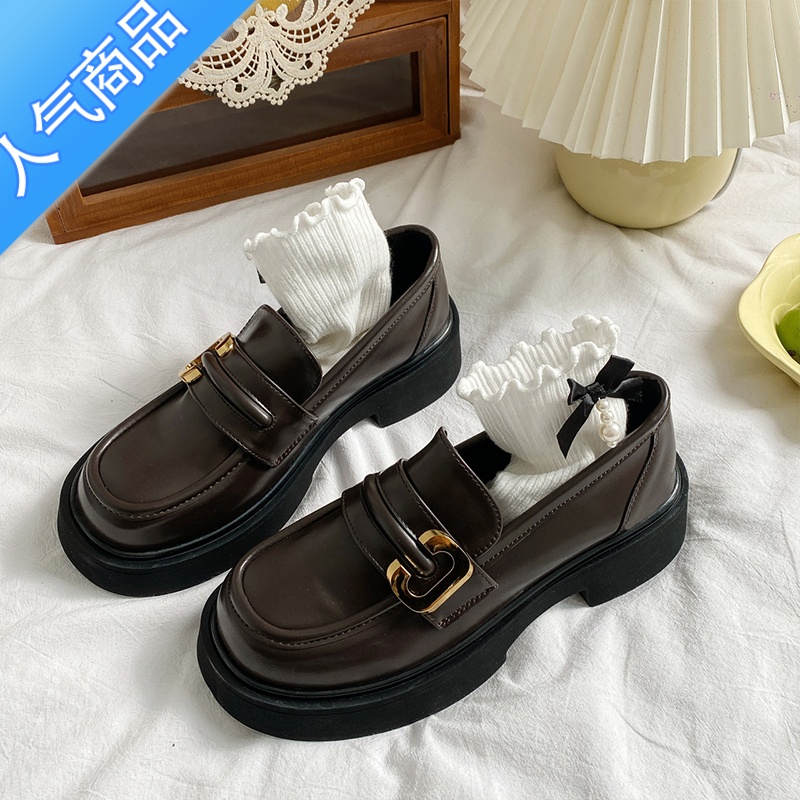 SUNTEK小皮鞋女鞋子春秋季加绒乐福鞋2023新款黑色学院英伦风一脚蹬单鞋高清大图