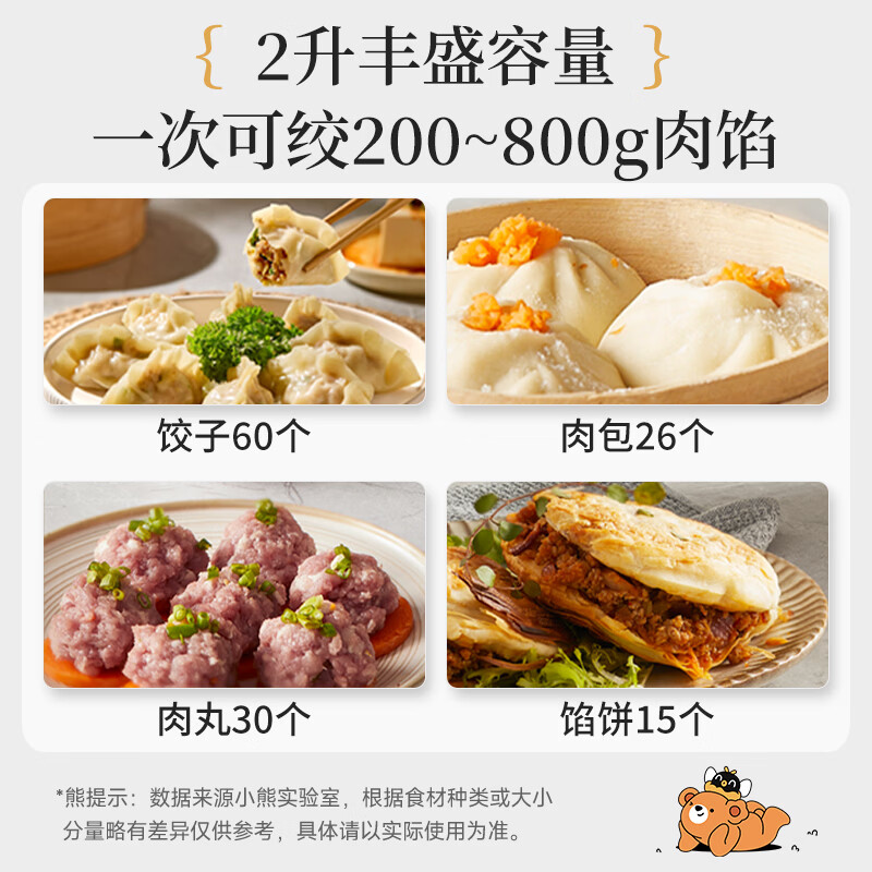 小熊Bear多功能家用绞肉机300瓦3人以下2000转按键操作1.8升漏电保护不锈钢设计高清大图
