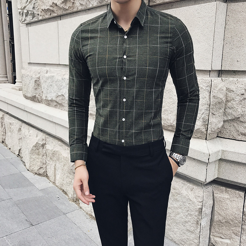 青年秋冬男士休闲百搭格子衬衣青年韩版男装长袖衬衫型师夜店潮