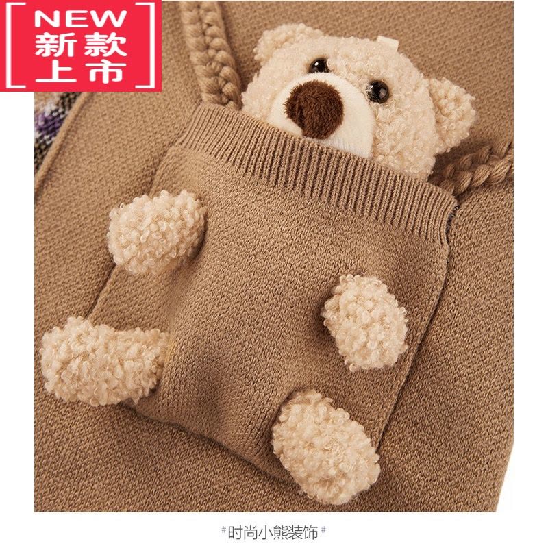 可莉允童装女童毛衣连衣裙2022秋冬小熊格纹针织连衣裙休闲图片