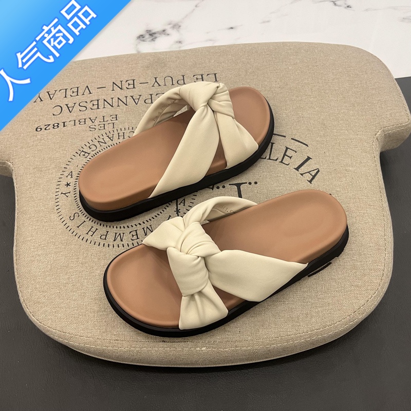 SUNTEK厚底仙女风凉鞋半拖鞋2022年女新款夏季外穿平底蝴蝶结防滑沙滩鞋高清大图