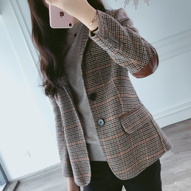 班俏BANQIAO格子小西装外套女2023春秋新款短款韩版大码复古女士西服上衣外套