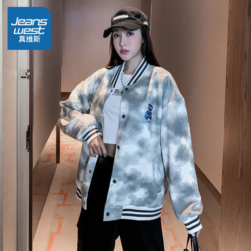 真维斯复古迷彩外套女春秋季ins国潮小熊印花休闲百搭棒球服上衣