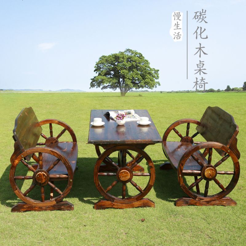 户外实木桌椅防腐木阳台酒吧碳化木仿古桌椅庭院休闲室外桌椅组合高清大图